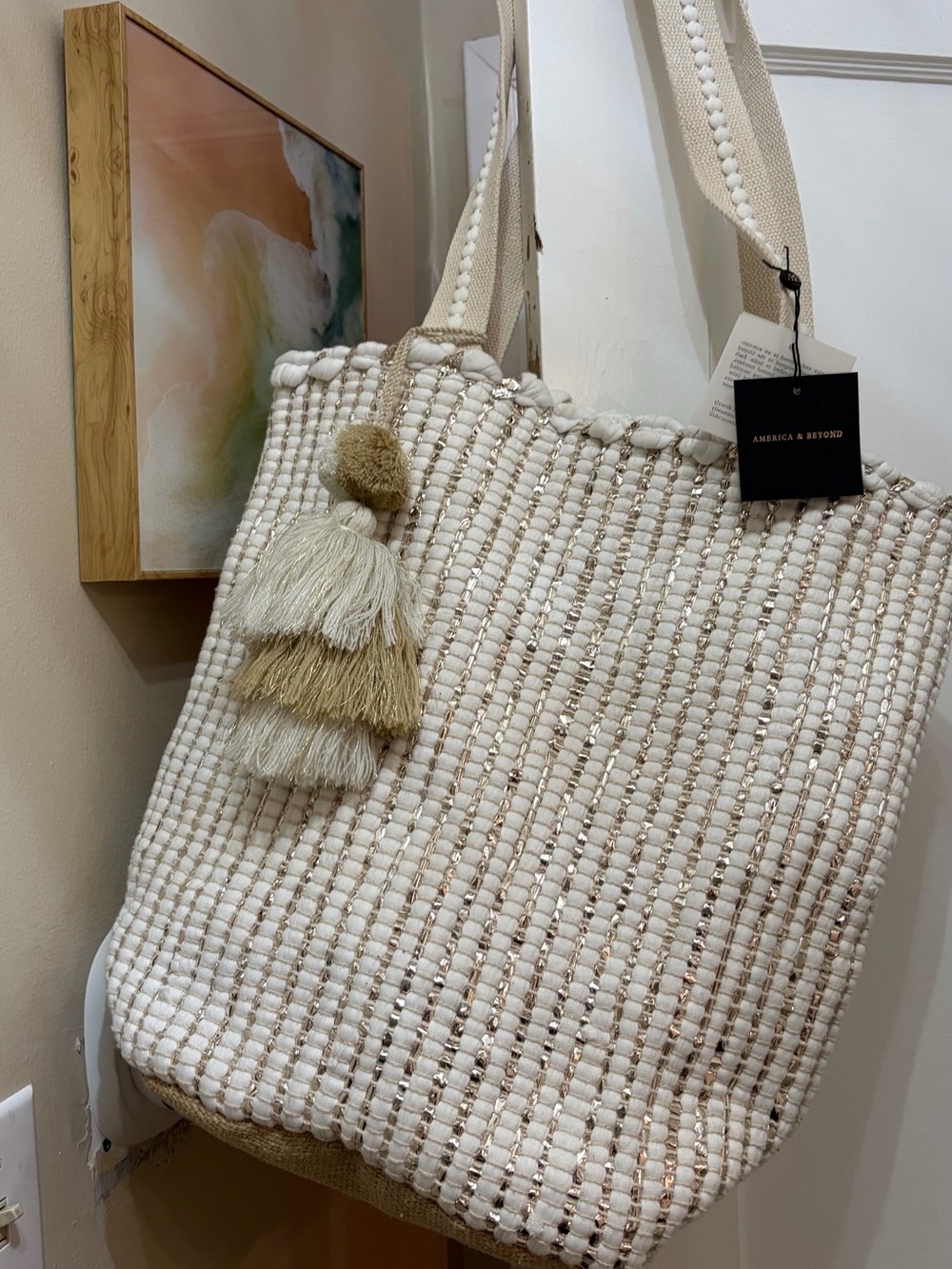 Cream Woven Tassel Tote